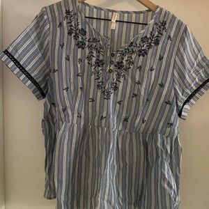 Blue Striped and Floral Embroidery Blouse